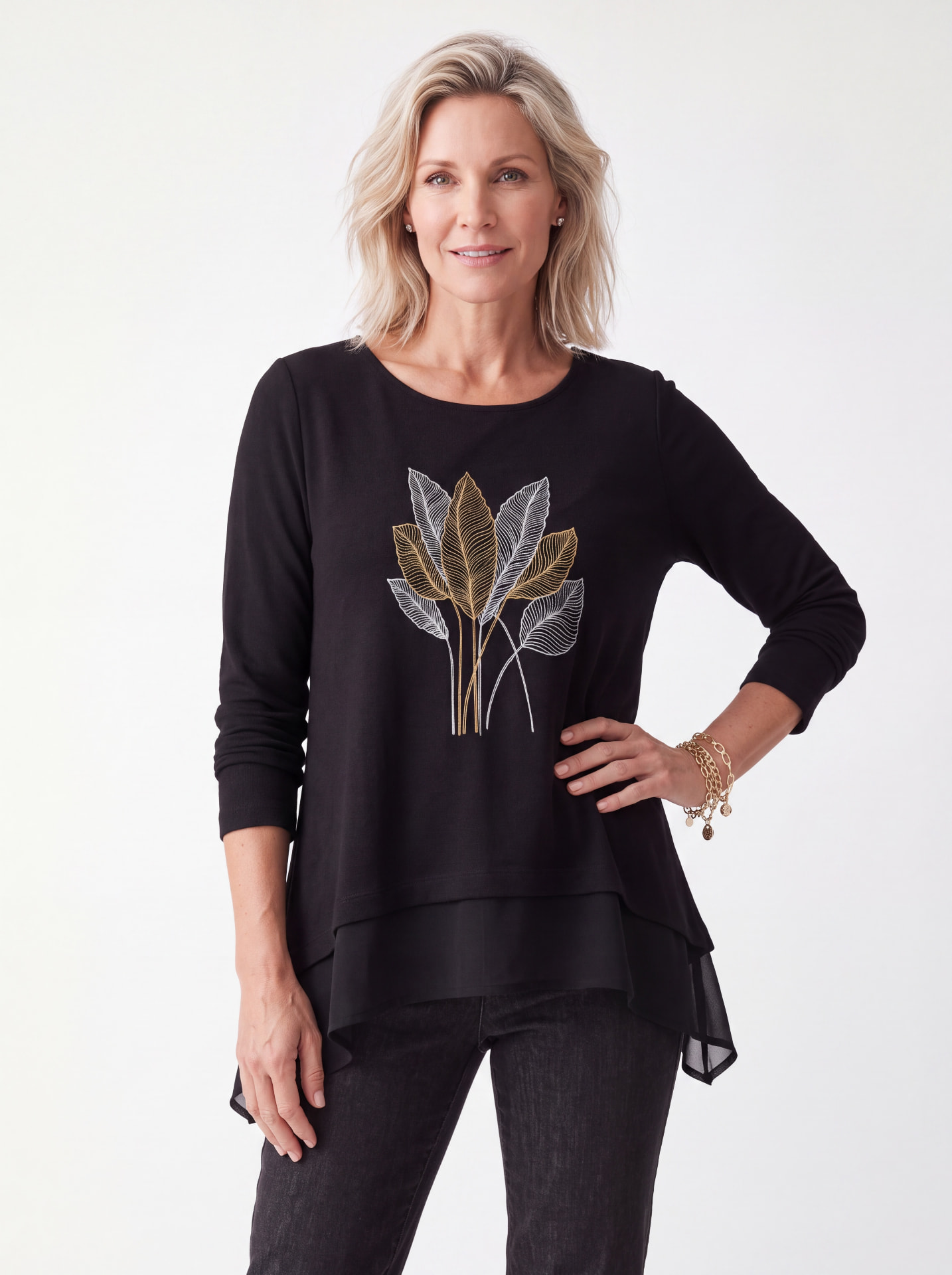 Jillian AW27 Feather embroidered top in black with layered chiffon hem, wholesale style 6417