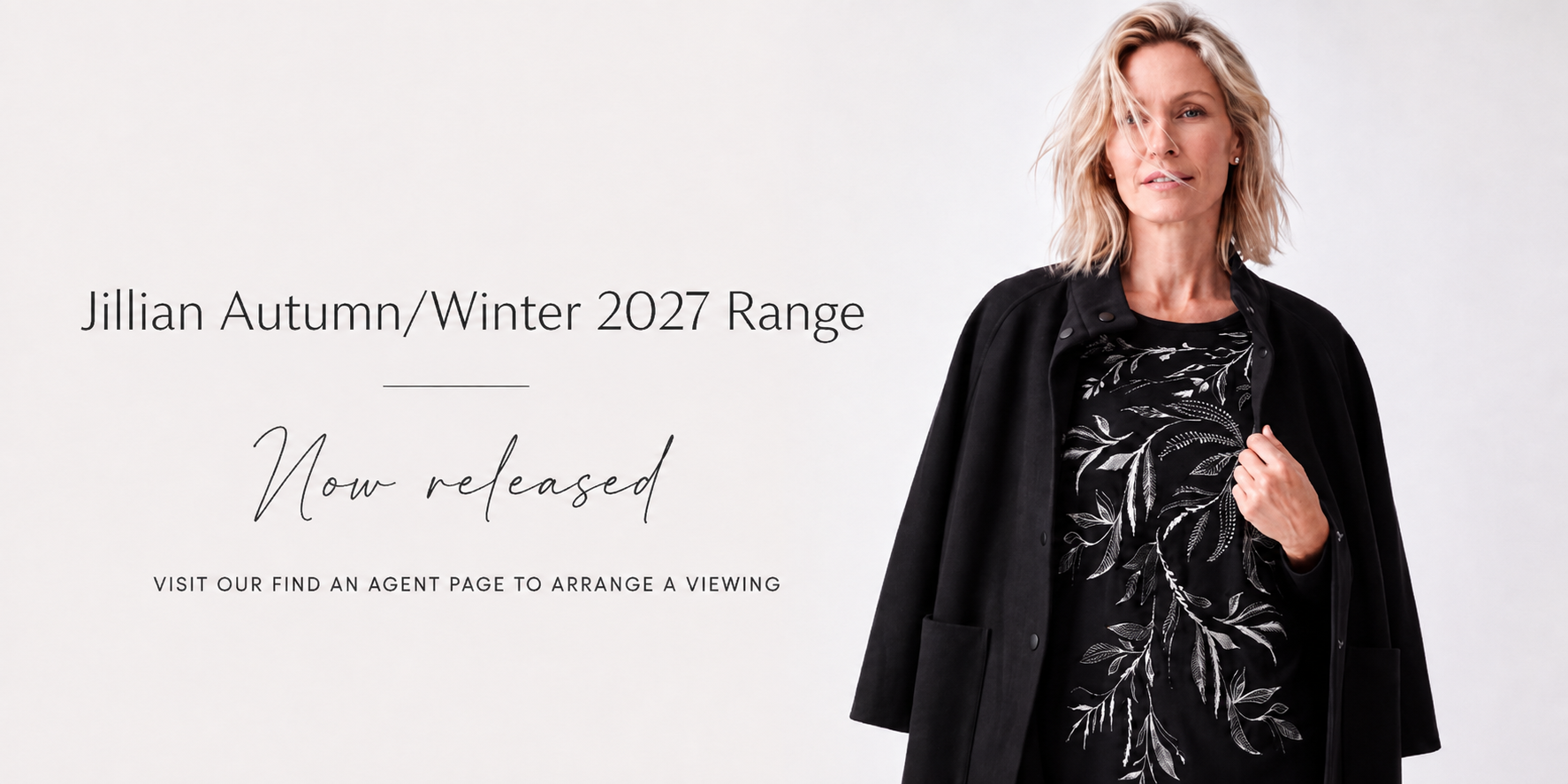 Jillian Autumn/Winter 2027 Range — model in a black embroidered top and tailored coat