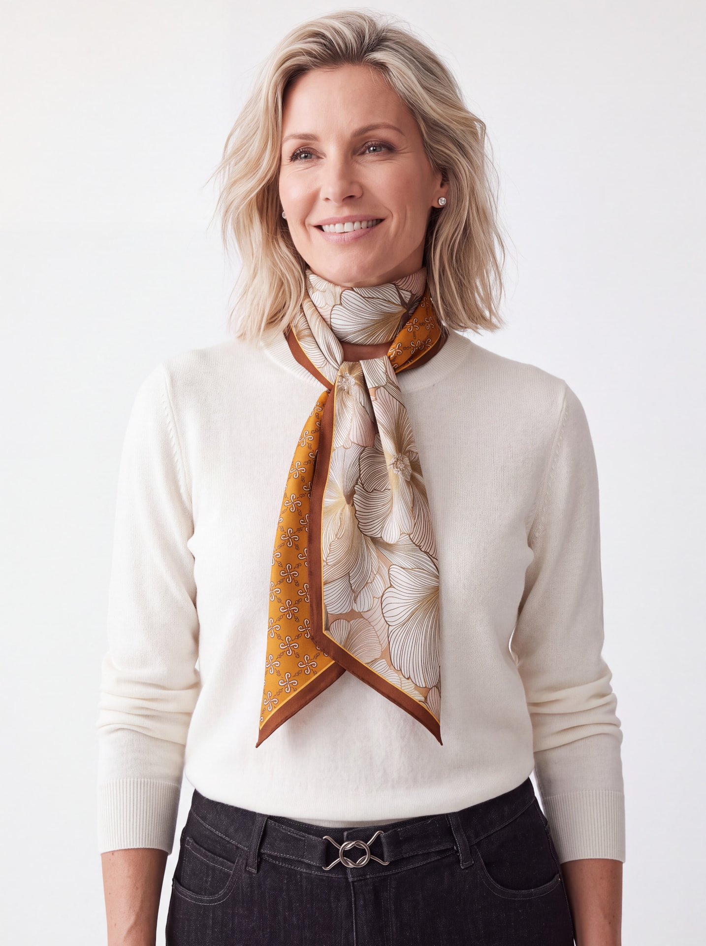 Jillian AW27 Russet Bloom silk-feel scarf in ochre and cream, wholesale style 6404