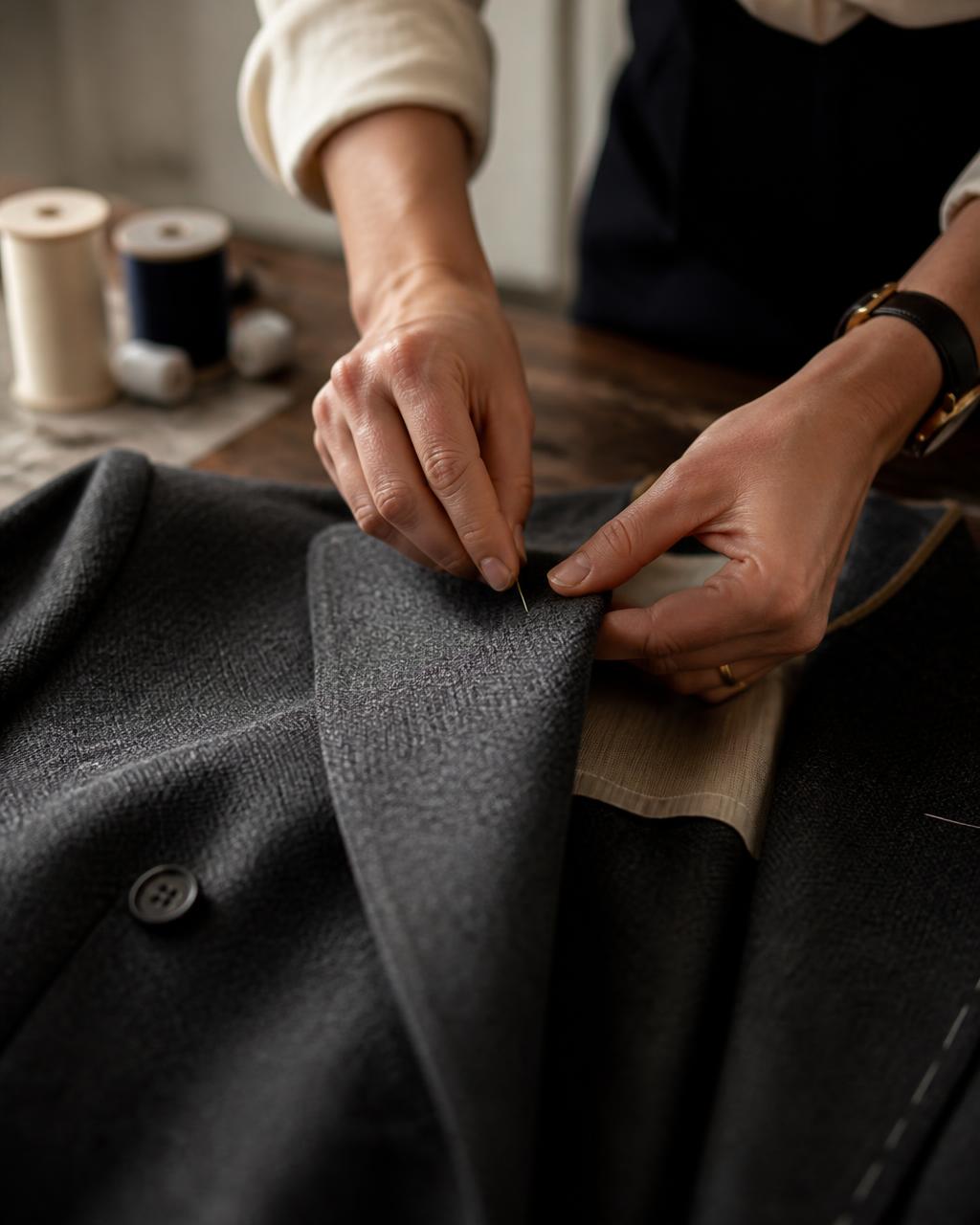 Hands carefully finishing a wool coat in natural light